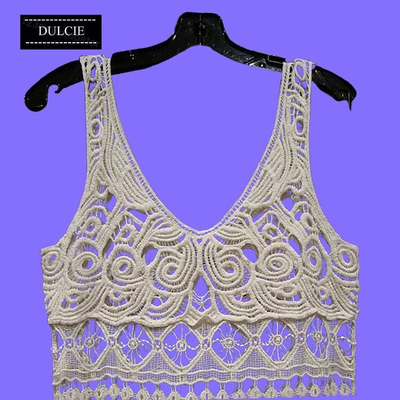 DULCIE NEW Crochet Paisley/Medallion Fringed Hem Overlay Cover-Up Top M - Picture 2 of 12